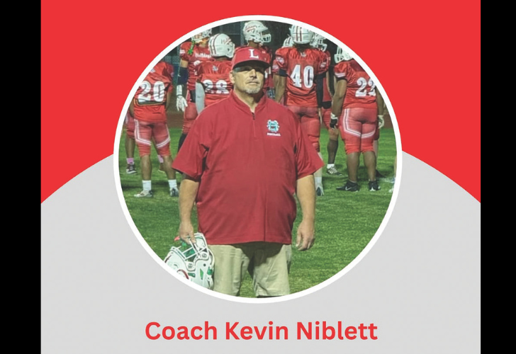 Portrait of Coach Kevin Niblett in a red polo on a football field with players in red uniforms behind him, circle-framed on a red and gray background.