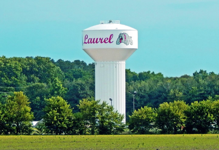White water tower with Laurel branding and a bulldog logo rising above a treeline against a clear blue sky.