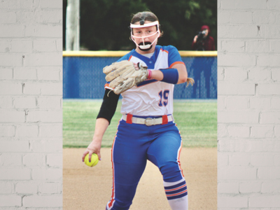 Softball pitcher in blue–white uniform (number 19) on the mound, wearing a helmet and glove, holding a yellow softball ready to throw.