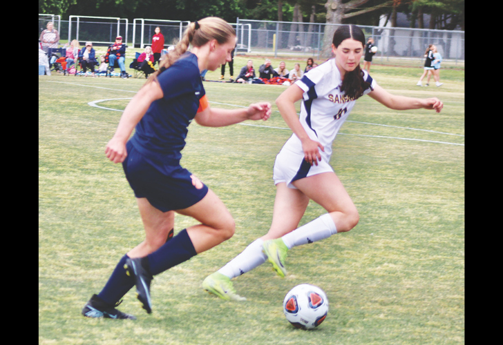 Two female soccer players chase the ball on a grassy field as spectators watch from the sidelines.