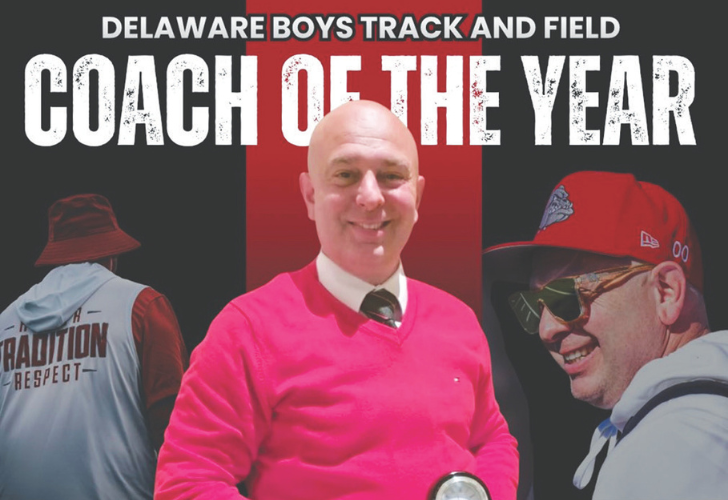 Banner announcing Delaware Boys Track and Field Coach of the Year; centered portrait of a smiling bald man in a pink sweater, flanked by teammates.